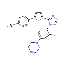 N#Cc1ccc(-c2ccc(-c3nccn3-c3ccc(N4CCNCC4)cc3Cl)o2)cc1 ZINC000299824371