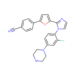 N#Cc1ccc(-c2ccc(-c3nccn3-c3ccc(N4CCNCC4)cc3F)o2)cc1 ZINC000299823908