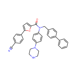 N#Cc1ccc(-c2ccc(C(=O)N(Cc3ccc(-c4ccccc4)cc3)c3ccc(N4CCNCC4)cc3)o2)cc1 ZINC000073224837