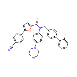 N#Cc1ccc(-c2ccc(C(=O)N(Cc3ccc(-c4ccccc4F)cc3)c3ccc(N4CCNCC4)cc3)o2)cc1 ZINC000073239746