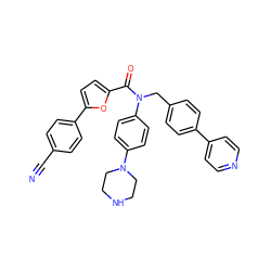 N#Cc1ccc(-c2ccc(C(=O)N(Cc3ccc(-c4ccncc4)cc3)c3ccc(N4CCNCC4)cc3)o2)cc1 ZINC000073239754