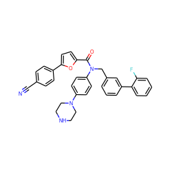 N#Cc1ccc(-c2ccc(C(=O)N(Cc3cccc(-c4ccccc4F)c3)c3ccc(N4CCNCC4)cc3)o2)cc1 ZINC000073239748