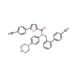 N#Cc1ccc(-c2ccc(C(=O)N(Cc3ccccc3-c3ccc(C#N)cc3)c3ccc(N4CCNCC4)cc3)o2)cc1 ZINC000073224781