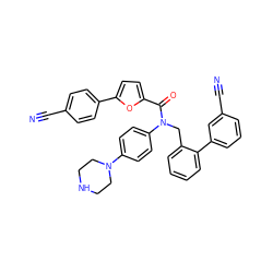 N#Cc1ccc(-c2ccc(C(=O)N(Cc3ccccc3-c3cccc(C#N)c3)c3ccc(N4CCNCC4)cc3)o2)cc1 ZINC000073224782