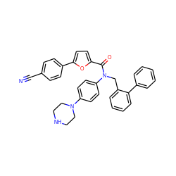 N#Cc1ccc(-c2ccc(C(=O)N(Cc3ccccc3-c3ccccc3)c3ccc(N4CCNCC4)cc3)o2)cc1 ZINC000073239742