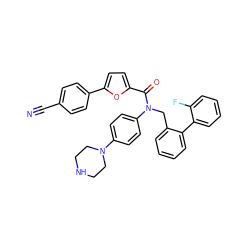 N#Cc1ccc(-c2ccc(C(=O)N(Cc3ccccc3-c3ccccc3F)c3ccc(N4CCNCC4)cc3)o2)cc1 ZINC000073239750