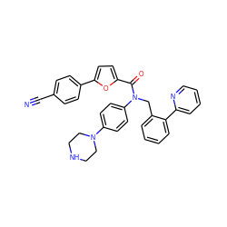 N#Cc1ccc(-c2ccc(C(=O)N(Cc3ccccc3-c3ccccn3)c3ccc(N4CCNCC4)cc3)o2)cc1 ZINC000073240611