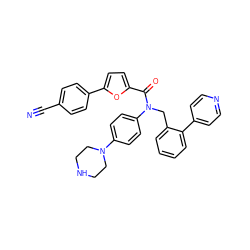 N#Cc1ccc(-c2ccc(C(=O)N(Cc3ccccc3-c3ccncc3)c3ccc(N4CCNCC4)cc3)o2)cc1 ZINC000073220451