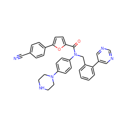 N#Cc1ccc(-c2ccc(C(=O)N(Cc3ccccc3-c3cncnc3)c3ccc(N4CCNCC4)cc3)o2)cc1 ZINC000073240613