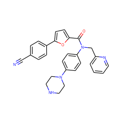 N#Cc1ccc(-c2ccc(C(=O)N(Cc3ccccn3)c3ccc(N4CCNCC4)cc3)o2)cc1 ZINC000073219529