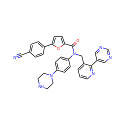 N#Cc1ccc(-c2ccc(C(=O)N(Cc3cccnc3-c3cncnc3)c3ccc(N4CCNCC4)cc3)o2)cc1 ZINC000073220429