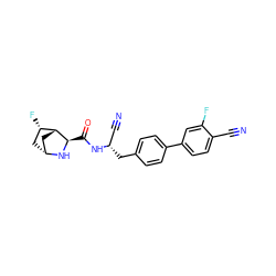 N#Cc1ccc(-c2ccc(C[C@@H](C#N)NC(=O)[C@H]3N[C@@H]4C[C@H](F)[C@H]3C4)cc2)cc1F ZINC000221932290