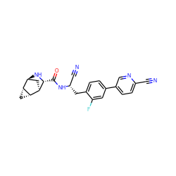 N#Cc1ccc(-c2ccc(C[C@@H](C#N)NC(=O)[C@H]3N[C@H]4C[C@@H]3[C@@H]3C[C@H]43)c(F)c2)cn1 ZINC000219311188