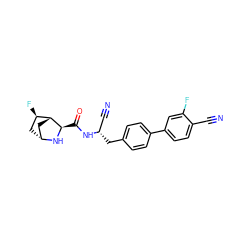 N#Cc1ccc(-c2ccc(C[C@@H](C#N)NC(=O)[C@H]3N[C@H]4C[C@@H]3[C@H](F)C4)cc2)cc1F ZINC000221932155