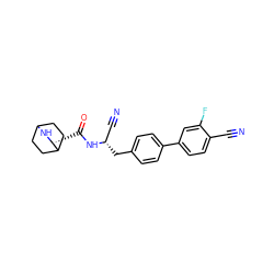 N#Cc1ccc(-c2ccc(C[C@@H](C#N)NC(=O)[C@H]3NC4CCC3CC4)cc2)cc1F ZINC000169709114