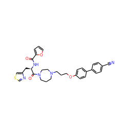 N#Cc1ccc(-c2ccc(OCCCN3CCCN(C(=O)[C@@H](Cc4cscn4)NC(=O)c4ccco4)CC3)cc2)cc1 ZINC000003964450