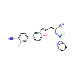 N#Cc1ccc(-c2ccc3oc(C[C@@H](C#N)NC(=O)[C@H]4N[C@@H]5CC[C@H]4C5)cc3c2)cc1F ZINC000169708956