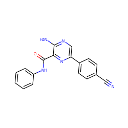 N#Cc1ccc(-c2cnc(N)c(C(=O)Nc3ccccc3)n2)cc1 ZINC000071296762