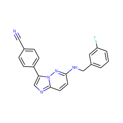 N#Cc1ccc(-c2cnc3ccc(NCc4cccc(F)c4)nn23)cc1 ZINC000166743447