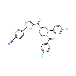 N#Cc1ccc(-c2ncc(C(=O)N3CCN(C(=O)c4ccc(Cl)cc4)[C@H](c4ccc(Cl)cc4)C3)o2)cc1 ZINC001772598586