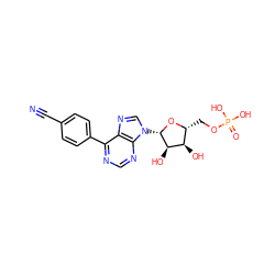 N#Cc1ccc(-c2ncnc3c2ncn3[C@@H]2O[C@H](COP(=O)(O)O)[C@@H](O)[C@H]2O)cc1 ZINC000299826723