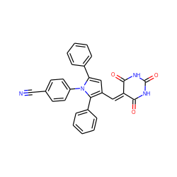 N#Cc1ccc(-n2c(-c3ccccc3)cc(C=C3C(=O)NC(=O)NC3=O)c2-c2ccccc2)cc1 ZINC000169330162