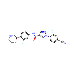 N#Cc1ccc(-n2cc(C(=O)Nc3ccc([C@H]4CNCCO4)c(F)c3)cn2)c(F)c1 ZINC000149868058