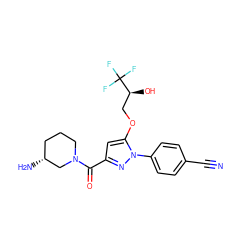 N#Cc1ccc(-n2nc(C(=O)N3CCC[C@@H](N)C3)cc2OC[C@H](O)C(F)(F)F)cc1 ZINC001772603708