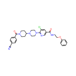 N#Cc1ccc(C(=O)N2CCC(N3CCN(c4ncc(C(=O)NCCOc5ccccc5)cc4Cl)CC3)CC2)cc1 ZINC000049694436