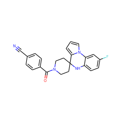 N#Cc1ccc(C(=O)N2CCC3(CC2)Nc2ccc(F)cc2-n2cccc23)cc1 ZINC000205509451