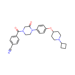 N#Cc1ccc(C(=O)N2CCN(c3ccc(OC4CCN(C5CCC5)CC4)cc3)C(=O)C2)cc1 ZINC000028870366