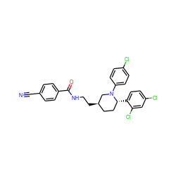 N#Cc1ccc(C(=O)NCC[C@@H]2CC[C@@H](c3ccc(Cl)cc3Cl)N(c3ccc(Cl)cc3)C2)cc1 ZINC000045338772