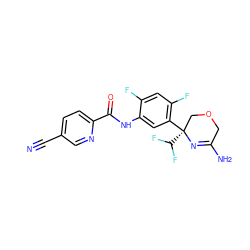 N#Cc1ccc(C(=O)Nc2cc([C@@]3(C(F)F)COCC(N)=N3)c(F)cc2F)nc1 ZINC000113662156