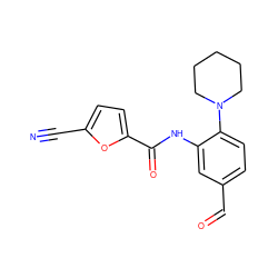 N#Cc1ccc(C(=O)Nc2cc(C=O)ccc2N2CCCCC2)o1 ZINC000028960965