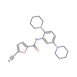 N#Cc1ccc(C(=O)Nc2cc(N3CCCCC3)ccc2N2CCCCC2)o1 ZINC000019862637