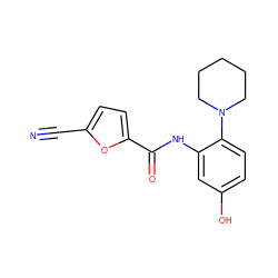 N#Cc1ccc(C(=O)Nc2cc(O)ccc2N2CCCCC2)o1 ZINC000028960946