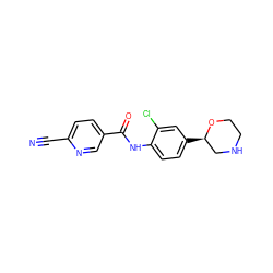 N#Cc1ccc(C(=O)Nc2ccc([C@@H]3CNCCO3)cc2Cl)cn1 ZINC000149944191