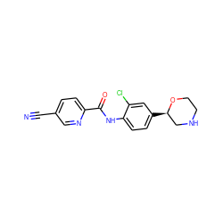 N#Cc1ccc(C(=O)Nc2ccc([C@@H]3CNCCO3)cc2Cl)nc1 ZINC000149934705