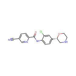 N#Cc1ccc(C(=O)Nc2ccc([C@H]3CNCCO3)cc2Cl)nc1 ZINC000149933843