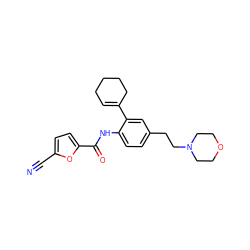 N#Cc1ccc(C(=O)Nc2ccc(CCN3CCOCC3)cc2C2=CCCCC2)o1 ZINC000146932725