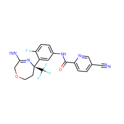 N#Cc1ccc(C(=O)Nc2ccc(F)c([C@]3(C(F)(F)F)CCOCC(N)=N3)c2)nc1 ZINC000113658277