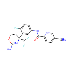 N#Cc1ccc(C(=O)Nc2ccc(F)c([C@]3(C(F)F)CCOC(N)=N3)c2)nc1 ZINC000072315369