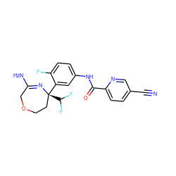 N#Cc1ccc(C(=O)Nc2ccc(F)c([C@]3(C(F)F)CCOCC(N)=N3)c2)nc1 ZINC000168215971