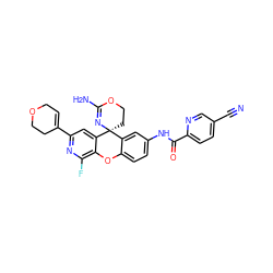 N#Cc1ccc(C(=O)Nc2ccc3c(c2)[C@@]2(CCOC(N)=N2)c2cc(C4=CCOCC4)nc(F)c2O3)nc1 ZINC000205174334