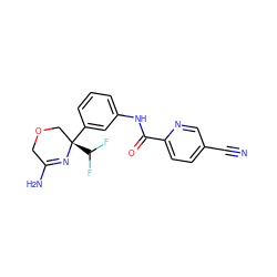 N#Cc1ccc(C(=O)Nc2cccc([C@@]3(C(F)F)COCC(N)=N3)c2)nc1 ZINC000113662407