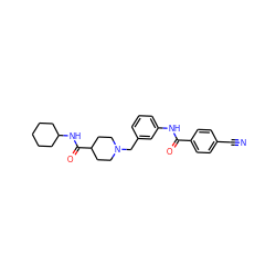 N#Cc1ccc(C(=O)Nc2cccc(CN3CCC(C(=O)NC4CCCCC4)CC3)c2)cc1 ZINC001772639793