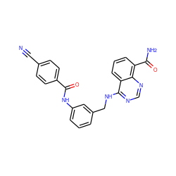 N#Cc1ccc(C(=O)Nc2cccc(CNc3ncnc4c(C(N)=O)cccc34)c2)cc1 ZINC000114344922