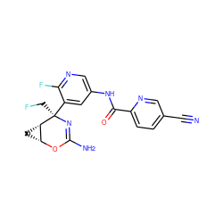 N#Cc1ccc(C(=O)Nc2cnc(F)c([C@@]3(CF)N=C(N)O[C@@H]4C[C@@H]43)c2)nc1 ZINC000226078873