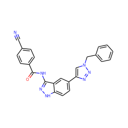 N#Cc1ccc(C(=O)Nc2n[nH]c3ccc(-c4cn(Cc5ccccc5)nn4)cc23)cc1 ZINC000063539978