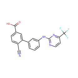 N#Cc1ccc(C(=O)O)cc1-c1cccc(Nc2nccc(C(F)(F)F)n2)c1 ZINC001772632434